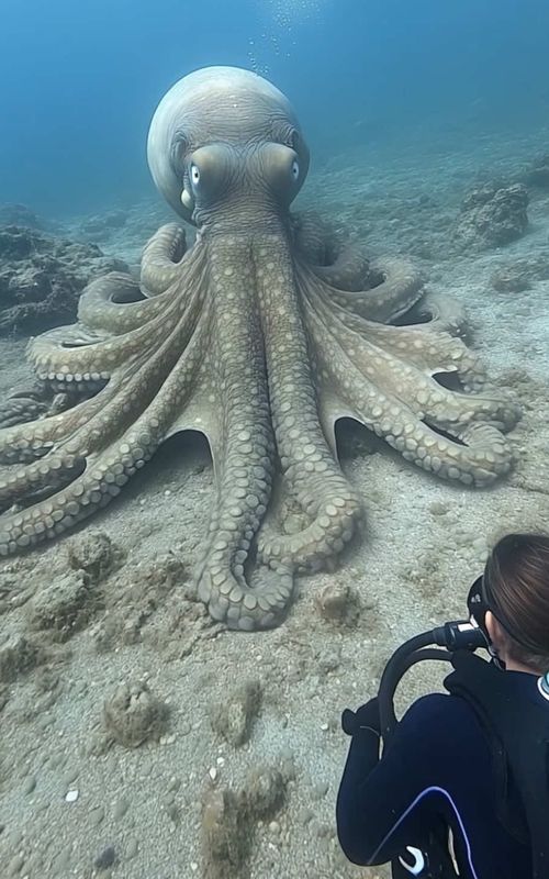 Scuba divers captured thrilling footage of an octopus swimming near the Great Barrier Reef in Austrailia. The divers used the GoPro HERO13 Black at a depth of around 30 feet when they recorded the stunning footage.  #fyp #foryoupage #octopus #kraken #scuba #scubadiving #ocean #oceanlife #gopro #snorkeling #greatbarrierreef #australia #ai #aiart #articialintelligence #nvidia #kling #midjourney #tentacle  